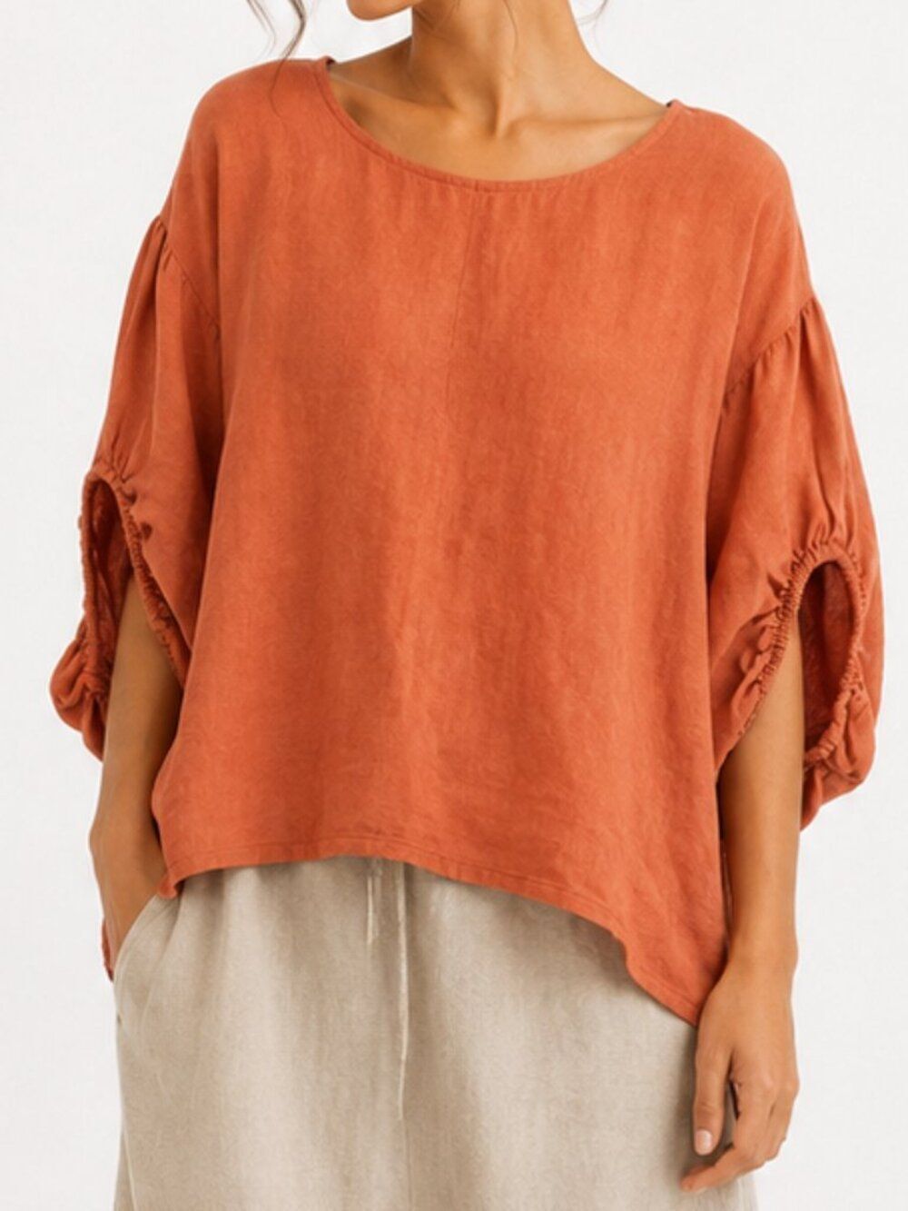 Bella Umbra Womens Tunic 100% Linen Size Large Lagenlook High Low Blouse Top
